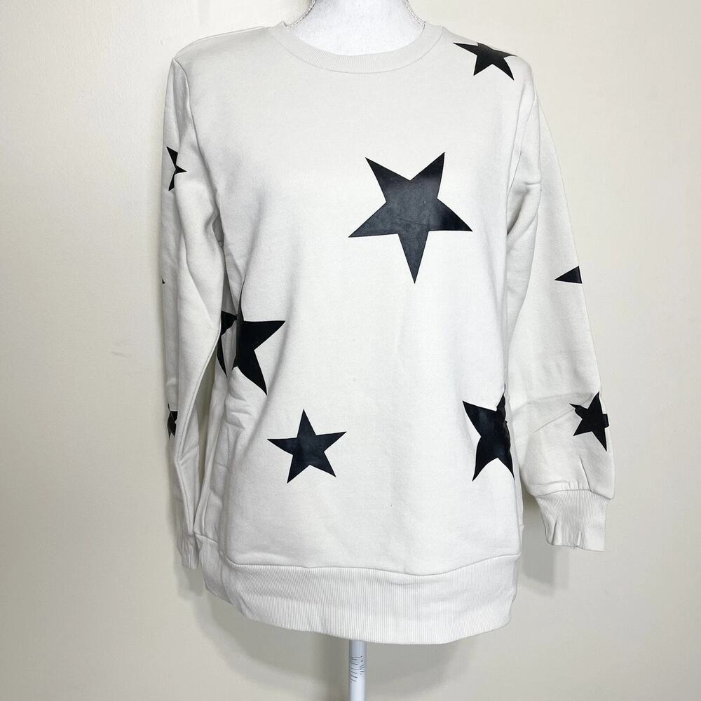 Zenana Women's Off-white Oversized Sweater Black Stars Long Sleeves Crew Neck XL